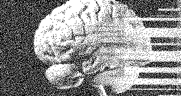 Abstract black and white image of a brain with glitch-like distortions